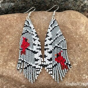 Red Cardinal Birds in a Birch Tree Beaded Earrings, New, Handmade by Me